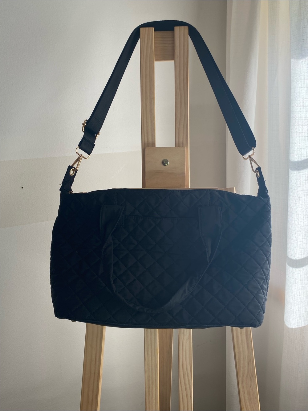 Alexis Bendel Black Quilted Weekender Travel Tote Bag Gold Hardware